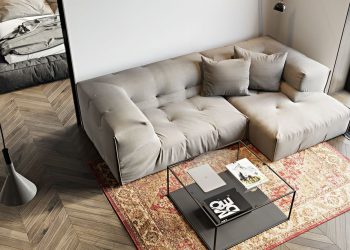 Férfias, letisztult otthon markáns elemekkel – 60m2-es kétszobás lakás monokróm színpalettával, szép fa padlóval, beton hatású falfestéssel