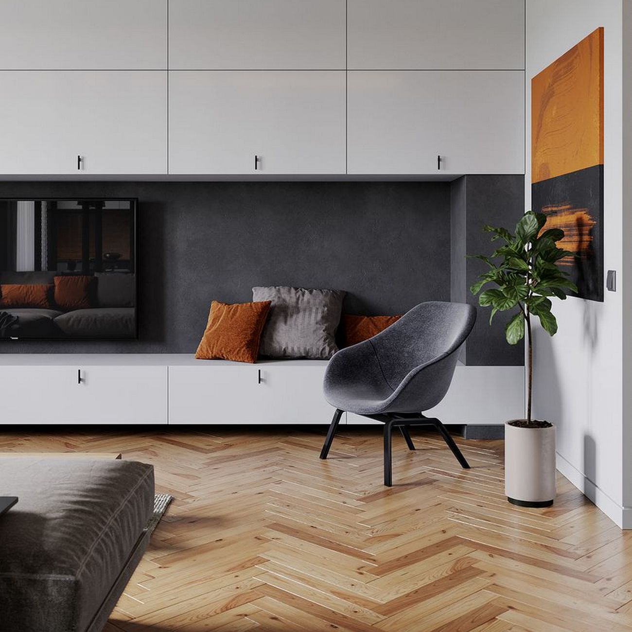 Modern, férfias 65m2-es lakás markáns stílusjegyekkel, természetes anyagok, fém, beton kombinációjával, egyedi fém térelválasztóval