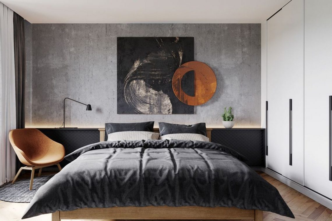 Modern, férfias 65m2-es lakás markáns stílusjegyekkel, természetes anyagok, fém, beton kombinációjával, egyedi fém térelválasztóval