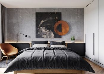 Modern, férfias 65m2-es lakás markáns stílusjegyekkel, természetes anyagok, fém, beton kombinációjával, egyedi fém térelválasztóval