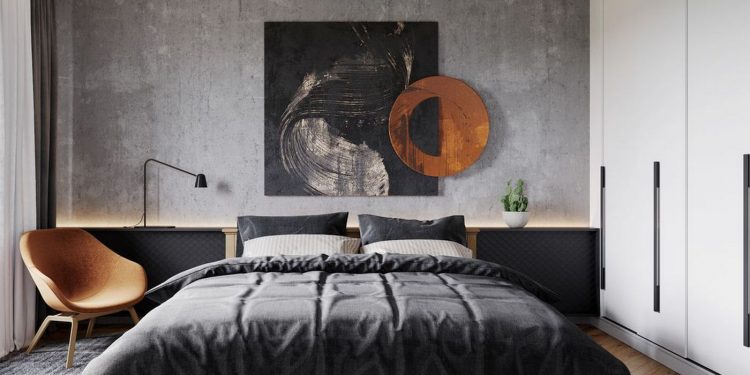 Modern, férfias 65m2-es lakás markáns stílusjegyekkel, természetes anyagok, fém, beton kombinációjával, egyedi fém térelválasztóval