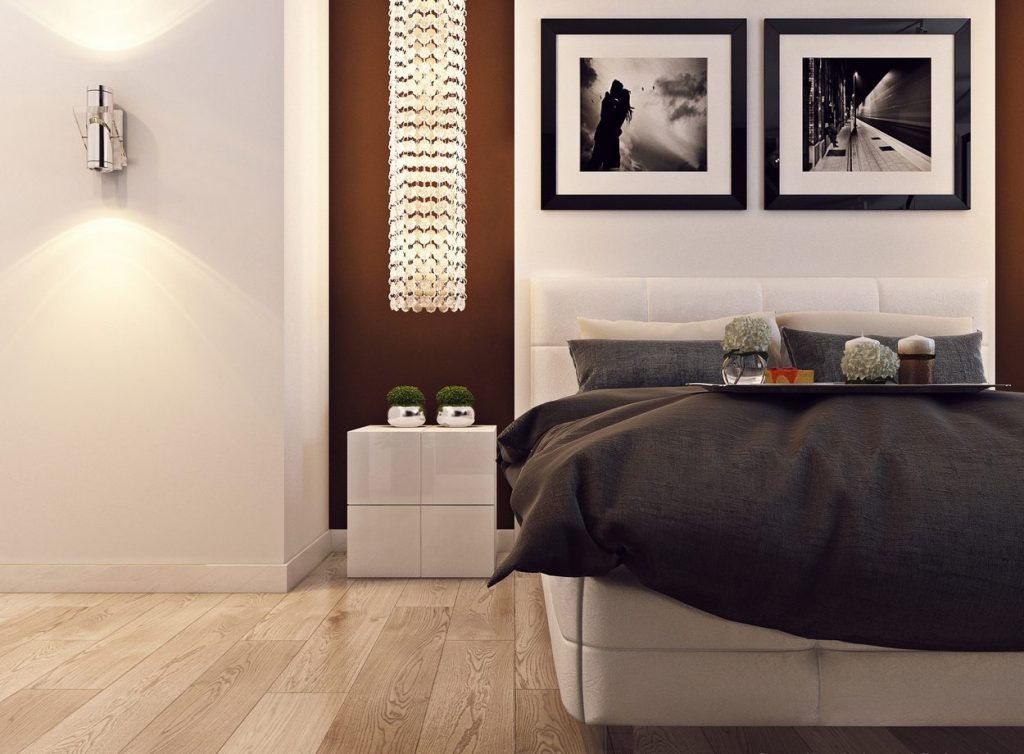 Elegáns hálószoba kontrasztos árnyalatokkal, beépített erkéllyel Elegáns hálószoba kontrasztos árnyalatokkal, beépített erkéllyel