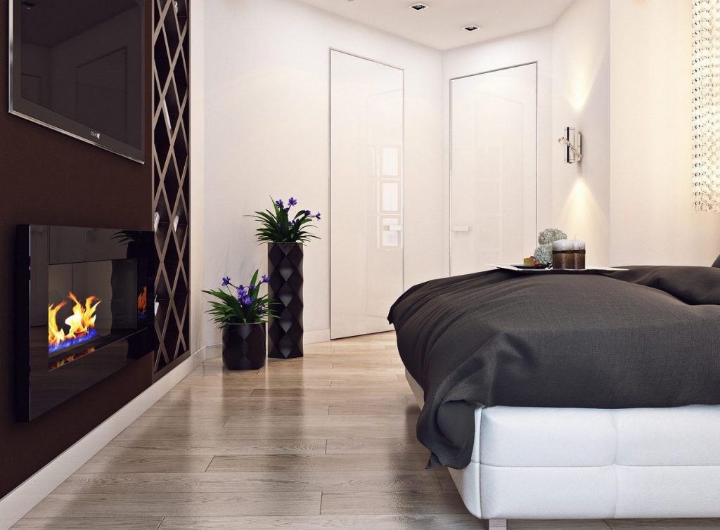 Elegáns hálószoba kontrasztos árnyalatokkal, beépített erkéllyel Elegáns hálószoba kontrasztos árnyalatokkal, beépített erkéllyel