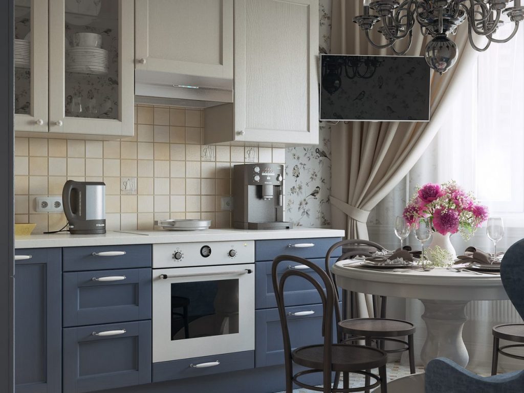 Szürkéskék és törtfehér konyhabútor, kerek étkezőasztal kis kanapéval, tapéta dekoráció 2 Szürkéskék és törtfehér konyhabútor, kerek étkezőasztal kis kanapéval, tapéta dekoráció 2