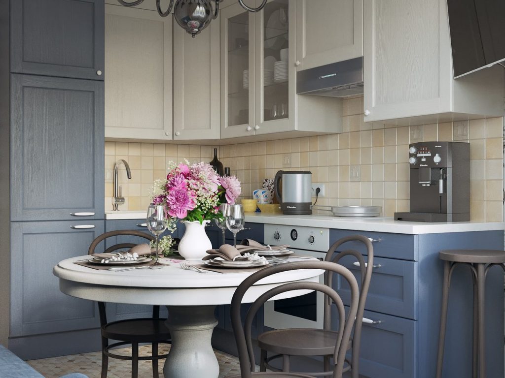 Szürkéskék és törtfehér konyhabútor, kerek étkezőasztal kis kanapéval, tapéta dekoráció 3 Szürkéskék és törtfehér konyhabútor, kerek étkezőasztal kis kanapéval, tapéta dekoráció 3