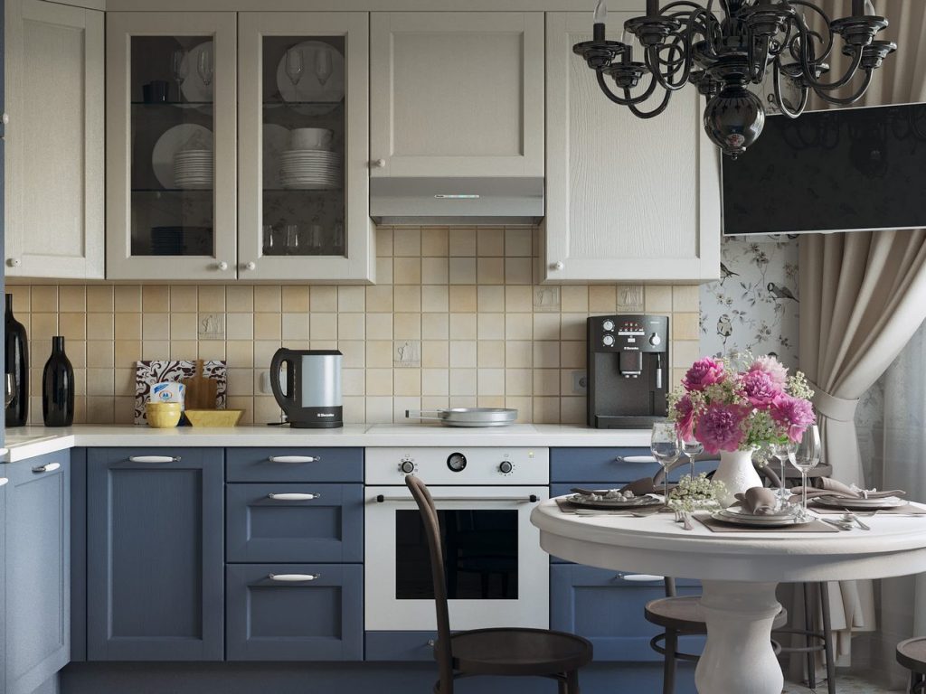 Szürkéskék és törtfehér konyhabútor, kerek étkezőasztal kis kanapéval, tapéta dekoráció 4 Szürkéskék és törtfehér konyhabútor, kerek étkezőasztal kis kanapéval, tapéta dekoráció 4