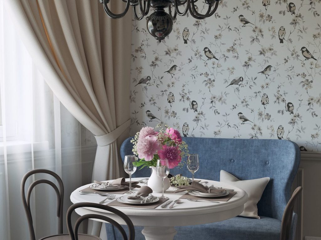 Szürkéskék és törtfehér konyhabútor, kerek étkezőasztal kis kanapéval, tapéta dekoráció 6 Szürkéskék és törtfehér konyhabútor, kerek étkezőasztal kis kanapéval, tapéta dekoráció 6