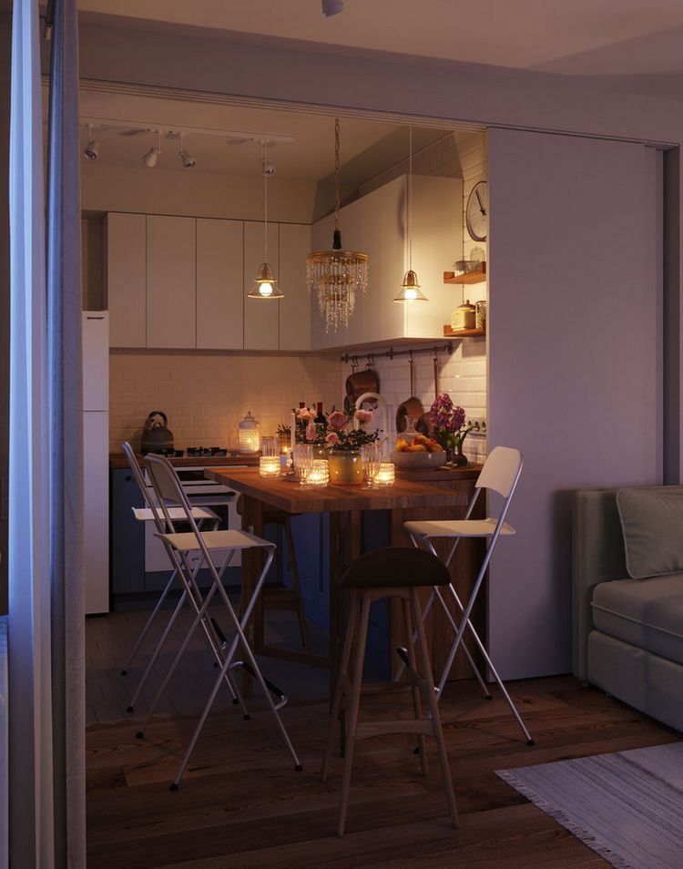 a nappali és konyha zónákat határoló étkezőpult területe megnövelhető, további helyet biztosítva a munkához és étkezésekhez