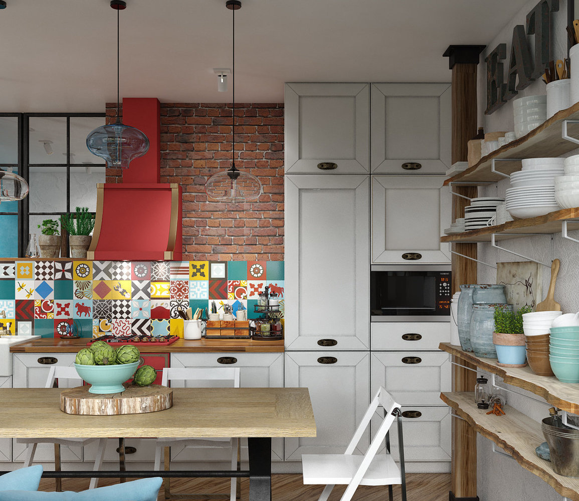 Ha ennyire színes és mintás a konyha hátfal mint az alábbi képen, akkor érdemes semleges, világos színű konyhabútort választani. Jól mutat téglával kombinálva is