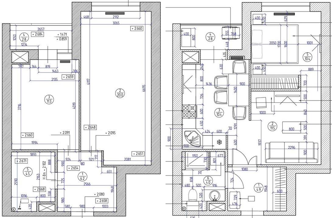 Alaprajz - Példa 45m2-en az elosztás átszervezésére - egy lakószobából nappali és háló, élhetőbb arányok, dekoráció bézs és türkiz árnyalatokkal