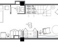 Alaprajz - Beépített konyha szekrénybe rejtve, helytakarékos tárolórendszer, letisztult színvilág, fehér és fa - modern lakberendezés 33m2-en
