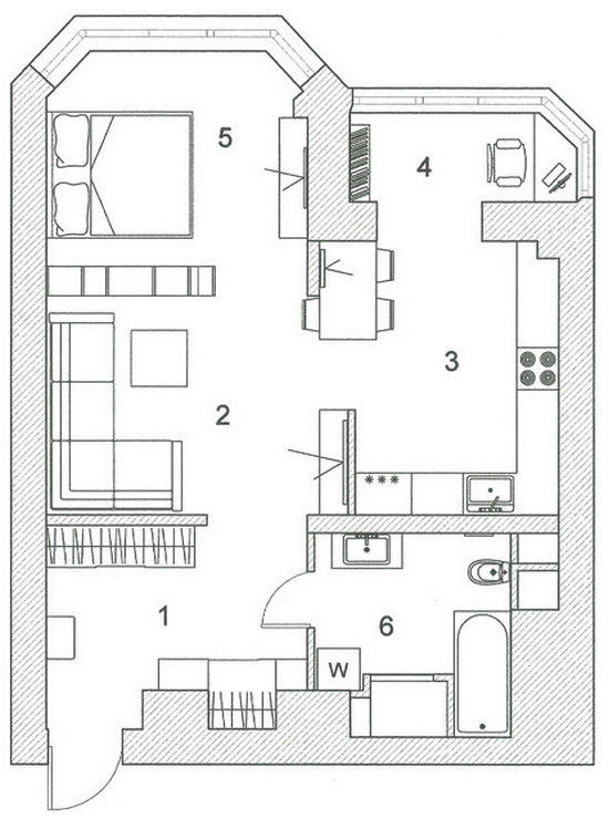 Alaprajz - 62m2 ugyan elég több szobához, de ha csak egy oldalon vannak ablakok, ügyes térszervezésre van szükség - fiatal pár modern lakása