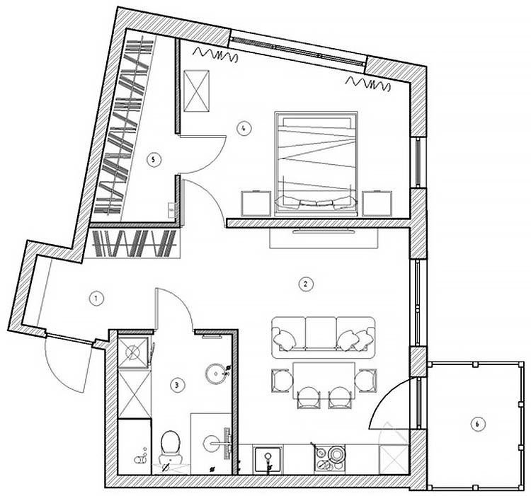 Alaprajz - Egy csipetnyi rózsaszín, mély kék, modern fa konyhabútor egy ügyesen berendezett 49m2-es lakásban