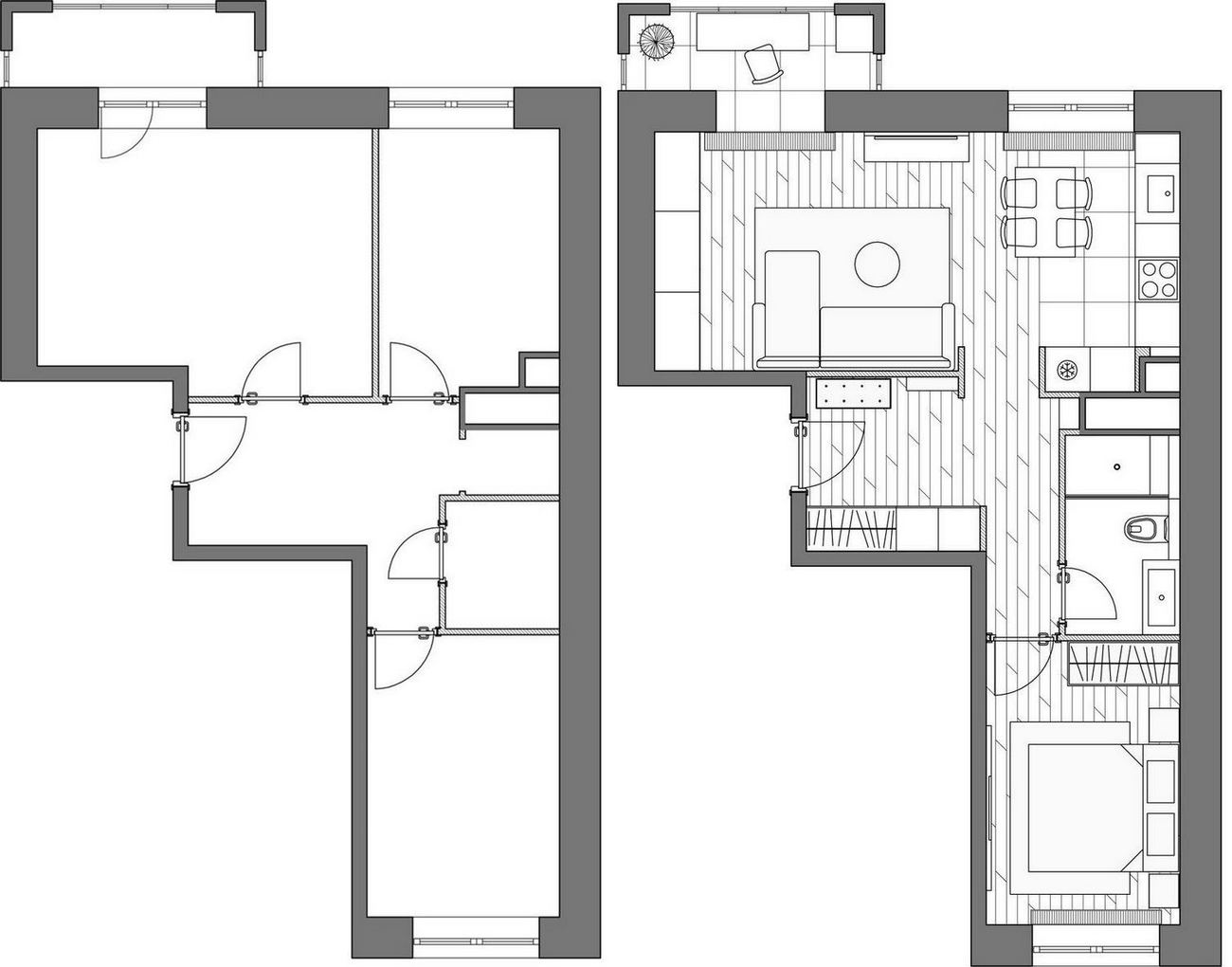 Alaprajz - Egyszerű, könnyű, világos és letisztult berendezés 46m2-en - nagyon jól tervezett elosztás és funkcionalitás kétszobás lakásban