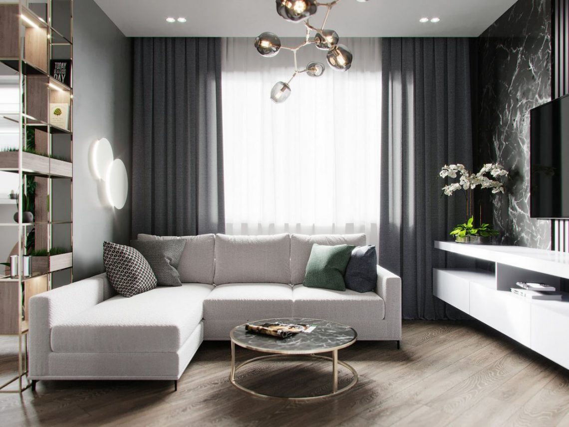 Elegáns, modern lakberendezés 42m2-en - letisztult formák és színpaletta, okos tárolás és térelválasztás