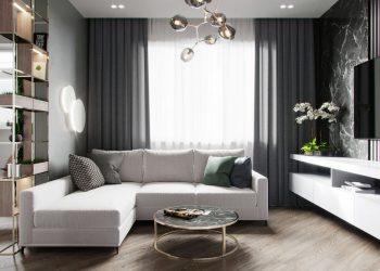 Elegáns, modern lakberendezés 42m2-en - letisztult formák és színpaletta, okos tárolás és térelválasztás