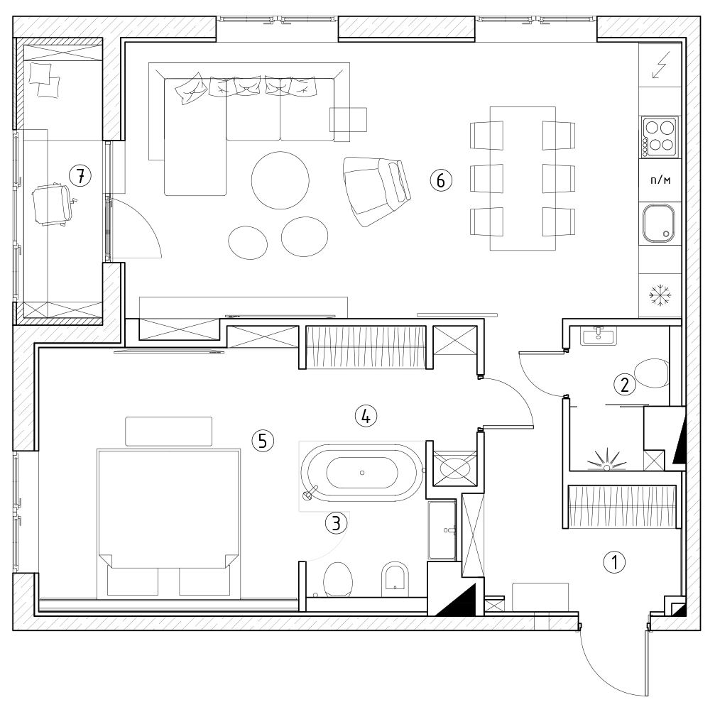 Alaprajz - Férfi 72m2-es lakása - világos, kényelmes, modern otthon természetes anyagokkal, fő és vendég fürdőszobával