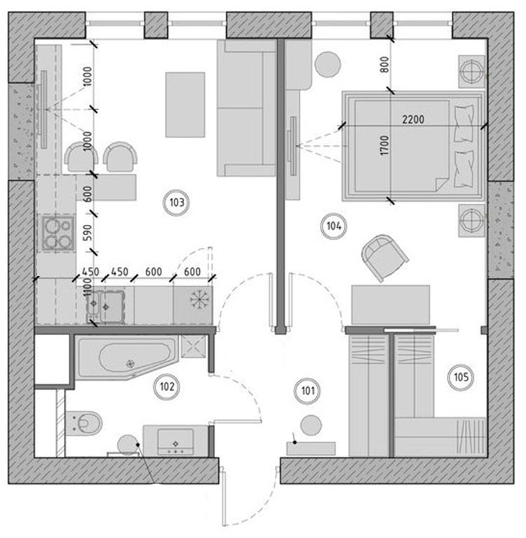 Alaprajz - Jó alaprajz, praktikus elosztás - fiatal lány kétszobás, 43m2-es lakása modern berendezéssel és dekorációval