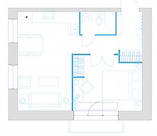 Alaprajz - Kis kétszobás lakásban amerikai lakberendezési stílus, kék és szürke árnyalatok, kényelmes hálószoba - 40m2