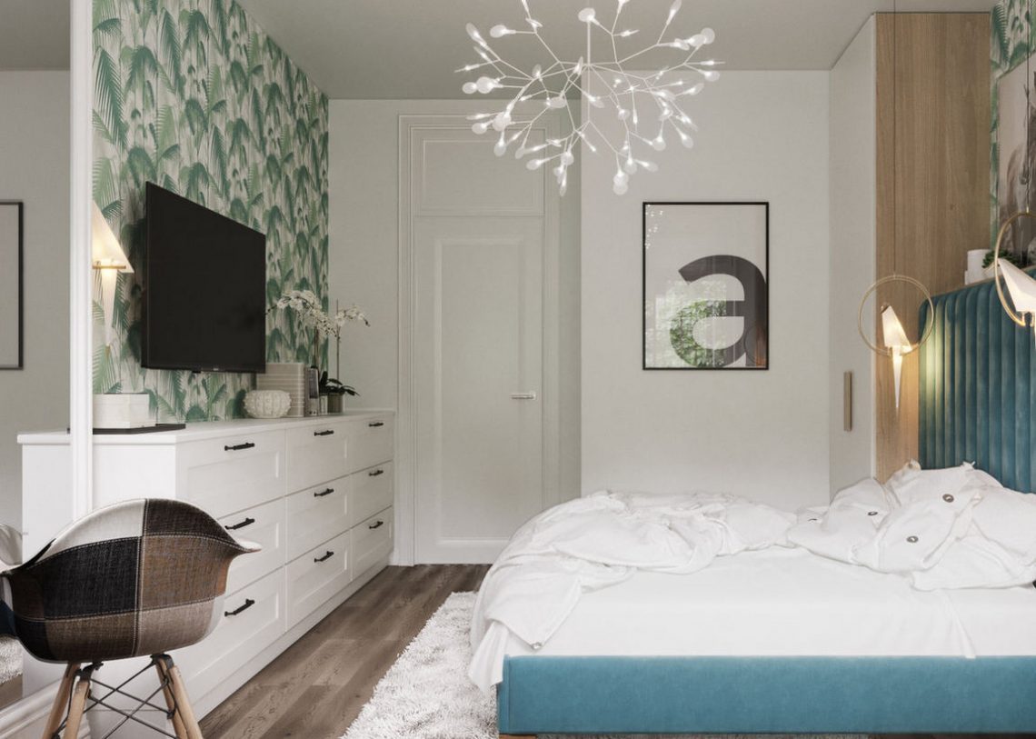 Kisgyermekes család 53m2-es, ízlésesen berendezett otthona - világos színek és tégla, természetes anyagok, mintás tapéták