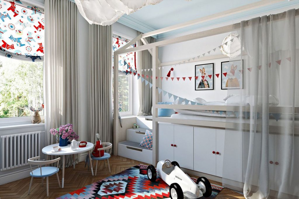 Kreatív és szép gyerekszoba berendezés példa - praktikus ágy sok tárolóhellyel, világos, színes tér, játékos szekrények
