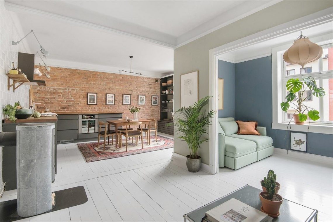 Meleg tégla és pasztell színek, nagyon tágas, nem szokványos elrendezés 67m2-en - fehér fa padló, modern természetesség