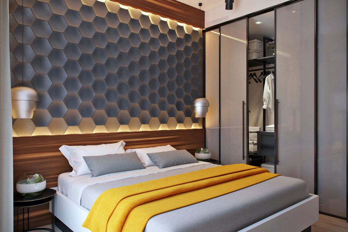 Modern lakberendezés 48m2-en - térnövelő tükrök, természetes textúrák, 3D falpanel, grafitszürke mennyezet, optimális elrendezés