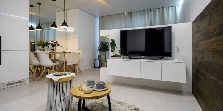 Modern lakberendezés új építésű kis lakásban - 39m2-es keskeny egyszobás tér ügyes kialakítása - zónák, funkcionalitás