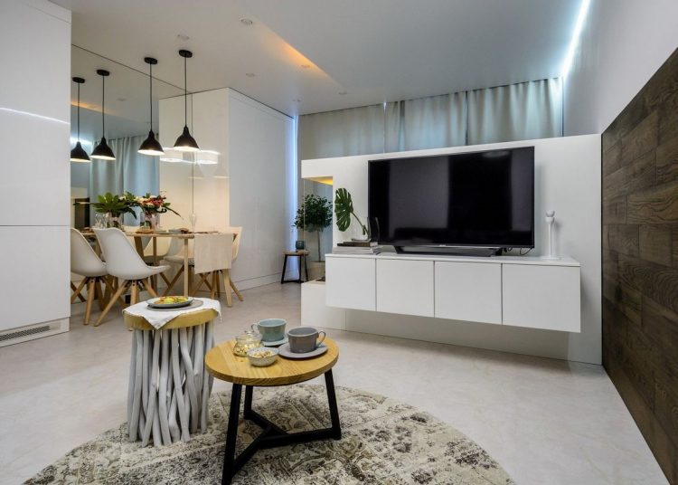 Modern lakberendezés új építésű kis lakásban - 39m2-es keskeny egyszobás tér ügyes kialakítása - zónák, funkcionalitás