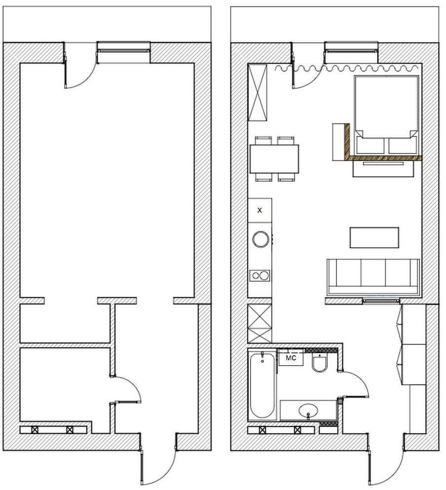 Alaprajz - Modern lakberendezés új építésű kis lakásban - 39m2-es keskeny egyszobás tér ügyes kialakítása - zónák, funkcionalitás