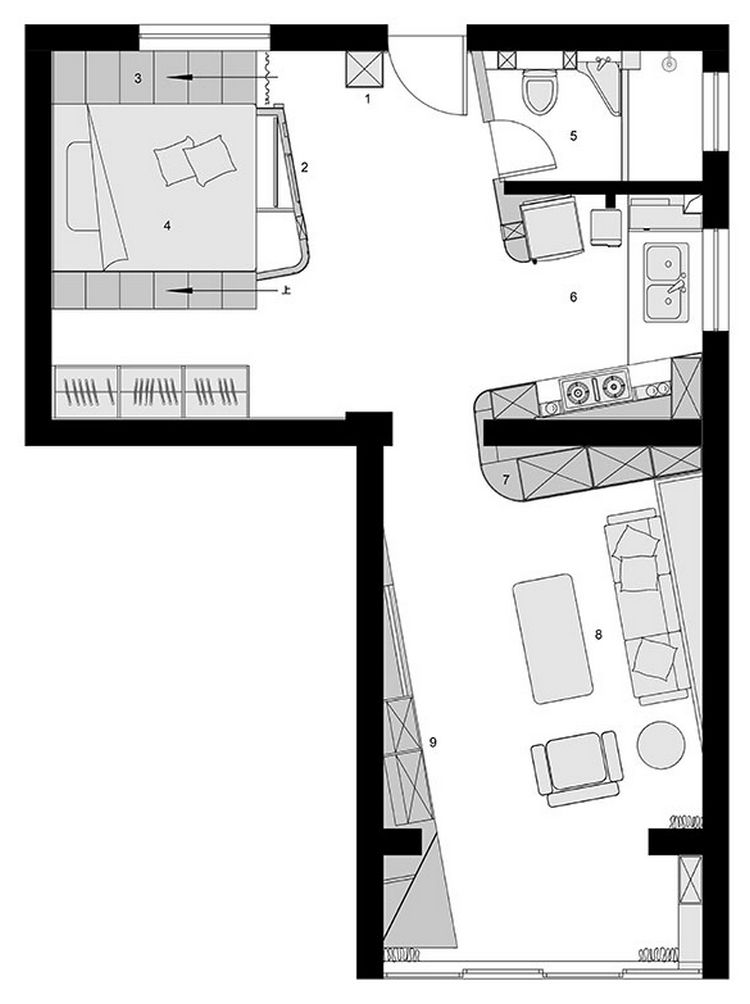 Alaprajz - Sárga konyha, rengeteg kreativitás, ultramodern lakberendezés - fa dobozokba épített háló és fürdő egy 48m2-es lakásban