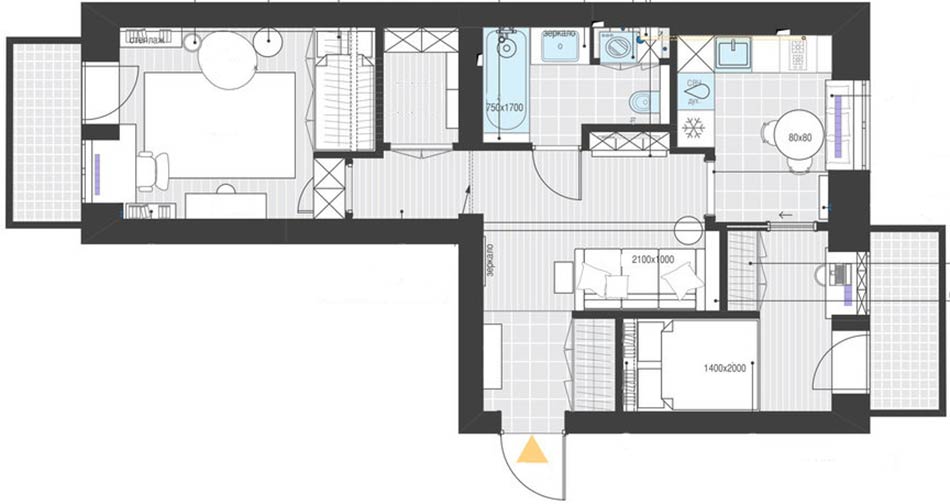 Alaprajz - Anya és lánya 43m2-en - háló, gyerekszoba, külön konyha és a lakás központjában egy kis nappali - sok világoskék, ügyes helykihasználás