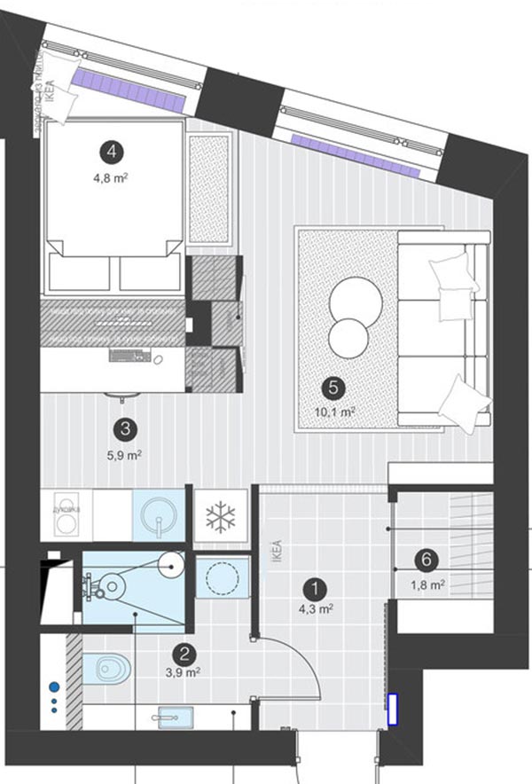 Alaprajz - Egy mesésen megálmodott kis lakás - 31m2 bájosan, ötletesen tervezve, jól eltalált zöld fehér színpalettával, minden fontos funkcióval