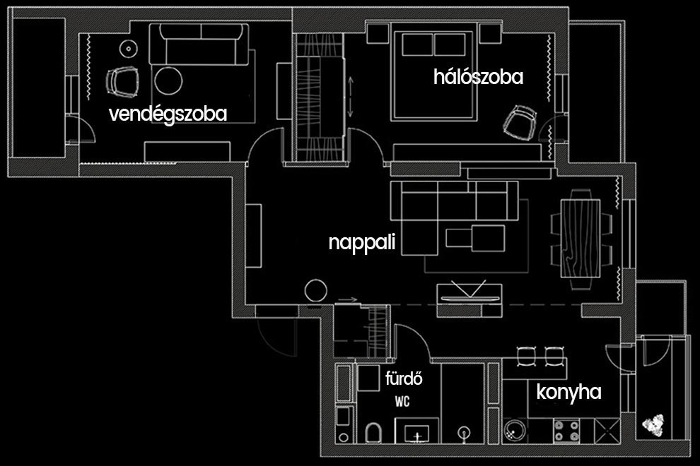 Alaprajz - Hölgy új, modern lakása zöld árnyalatokkal, geometrikus mintákkal, a hálószobában puha falpanelekkel - 86m2