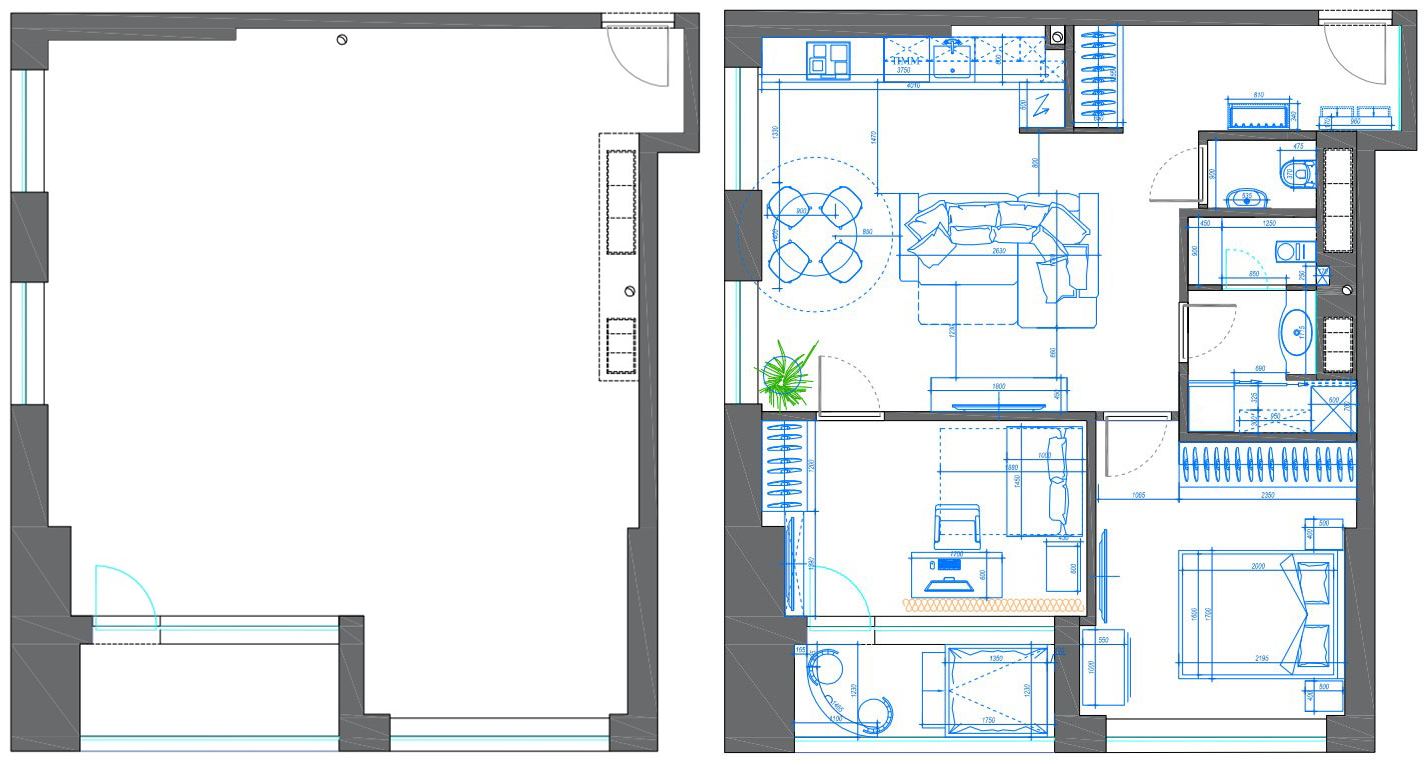 Alaprajz - Remek színek, otthonos, elegáns berendezés 66m2-en - új ingatlan üres, falak nélküli teréből háromszobás lakás, stílusosan
