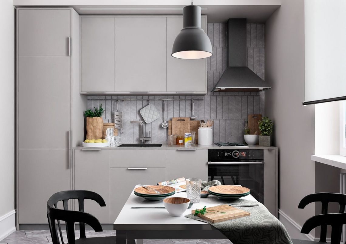Üvegfalra cserélt konyha nappali válaszfal fiatal pár 60m2-es lakásában, teljesen semleges színpaletta világos és sötétszürke elemekkel
