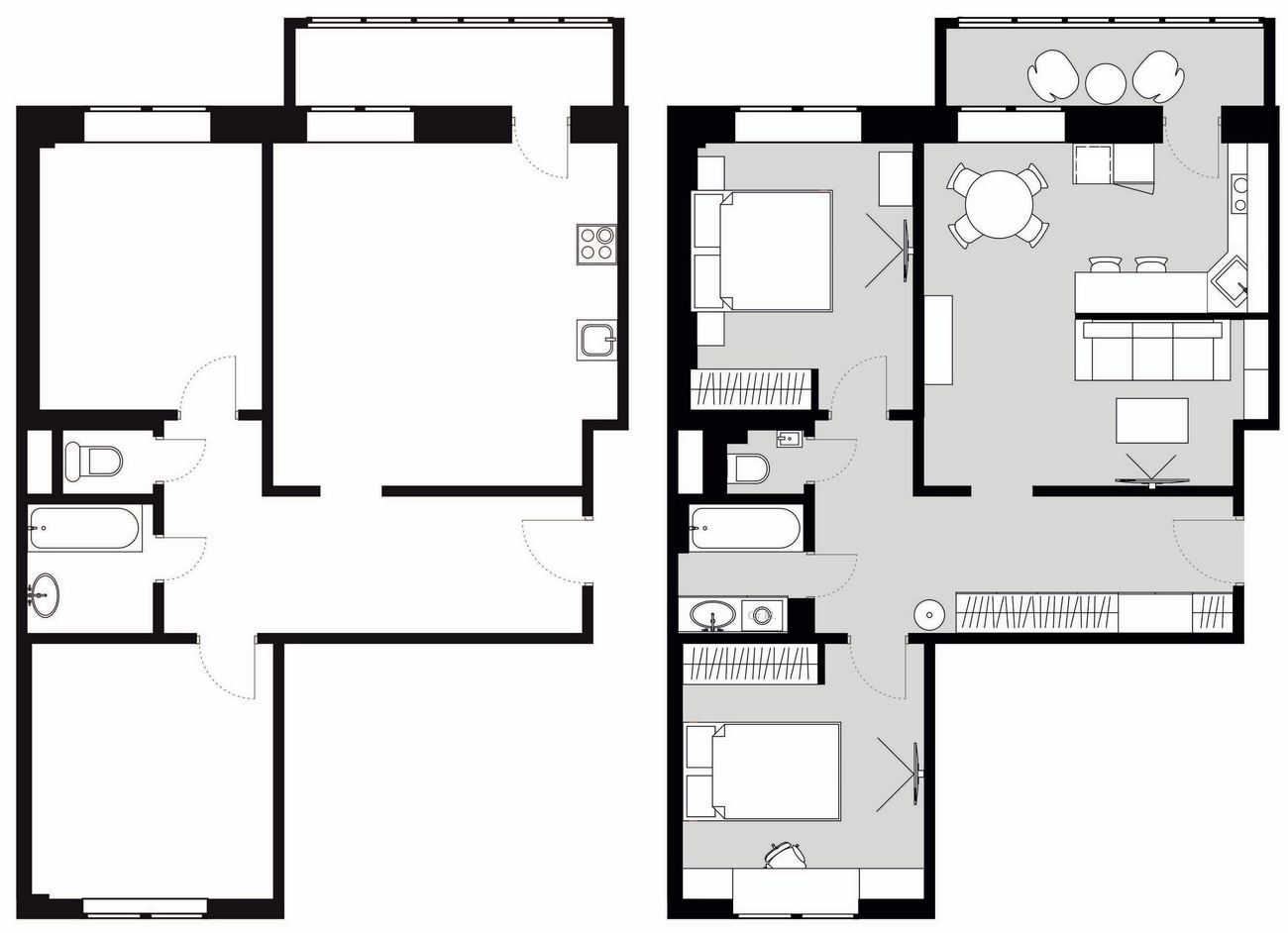 Alaprajz - Kutya, cica és egy háromfős család 80m2-en - háromszobás lakás berendezése kombinált konyha-nappalival, két hálószobával