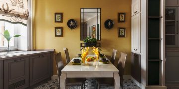 15m2-es új konyha lakásban, meleg narancssárga, bézs-szürke színekkel, díszítő ál-ablakokkal és étkezővel