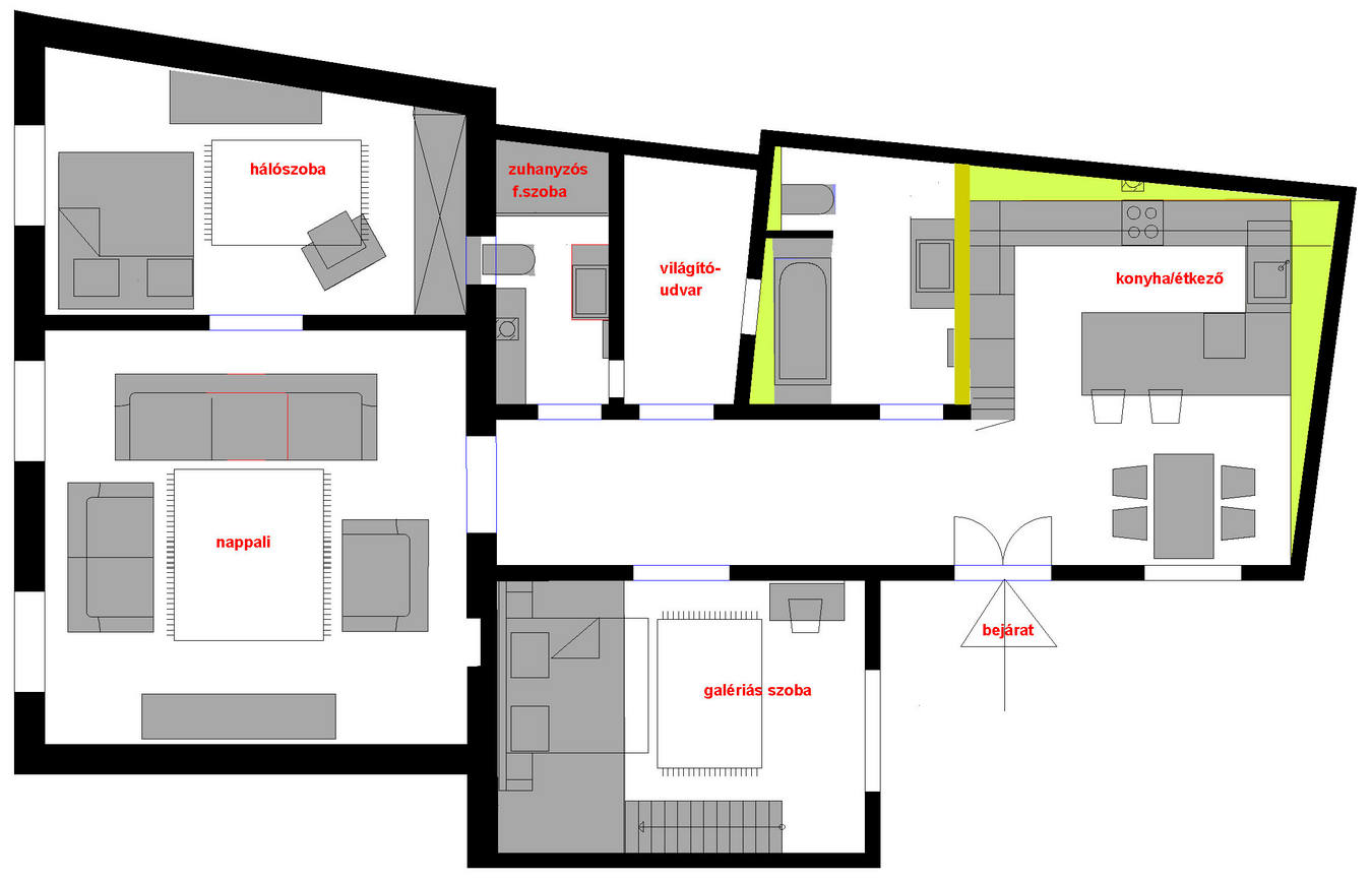 Alaprajz - 120 m2-es belvárosi lakás felújítása és berendezése célzottan kiadásra - három szoba, semleges alapszínek, nagy konyha, galéria