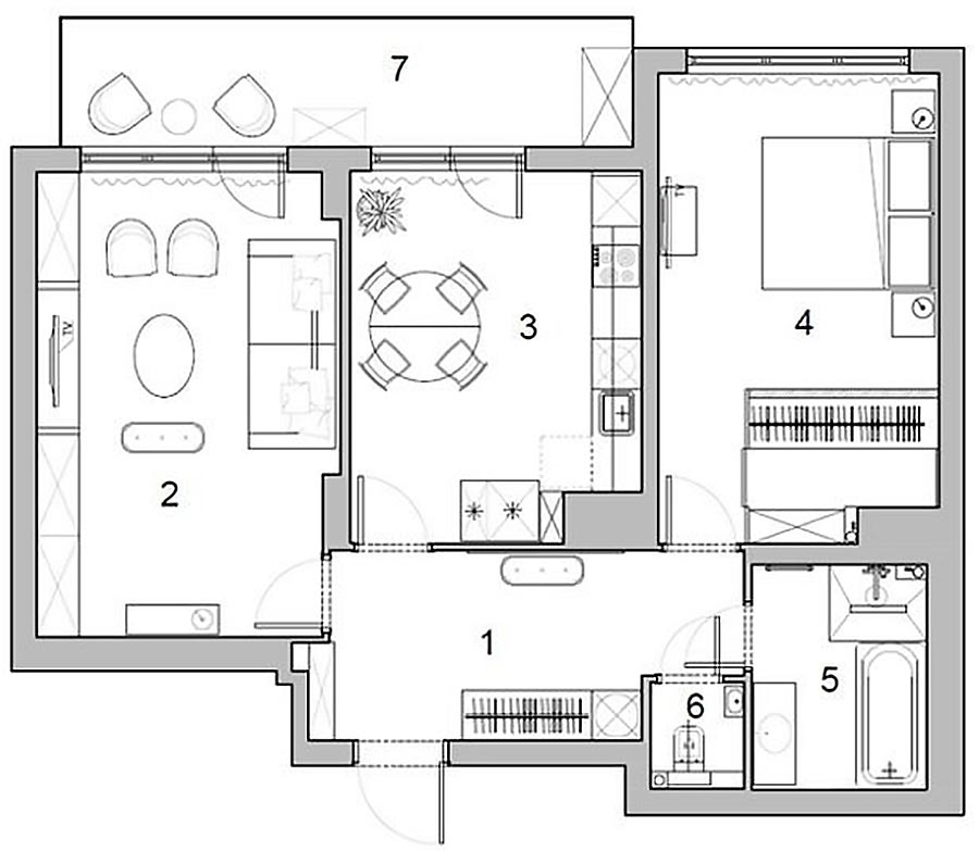 Alaprajz - Középső helyiségben konyha étkezővel, dolgozósarok a beépített erkélyen - fiatal házaspár háromszobás, 74m2-es lakása