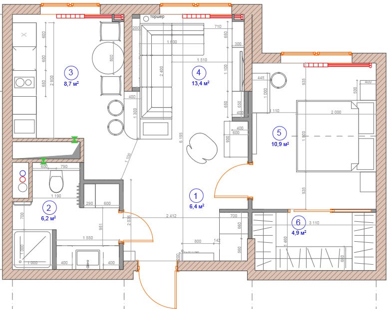 alaprajz - Fiatal lány 50m2-es új lakása - nappali és konyha fél fallal, pulttal elválasztva, világos fehér, meleg fa és mély zöld színek
