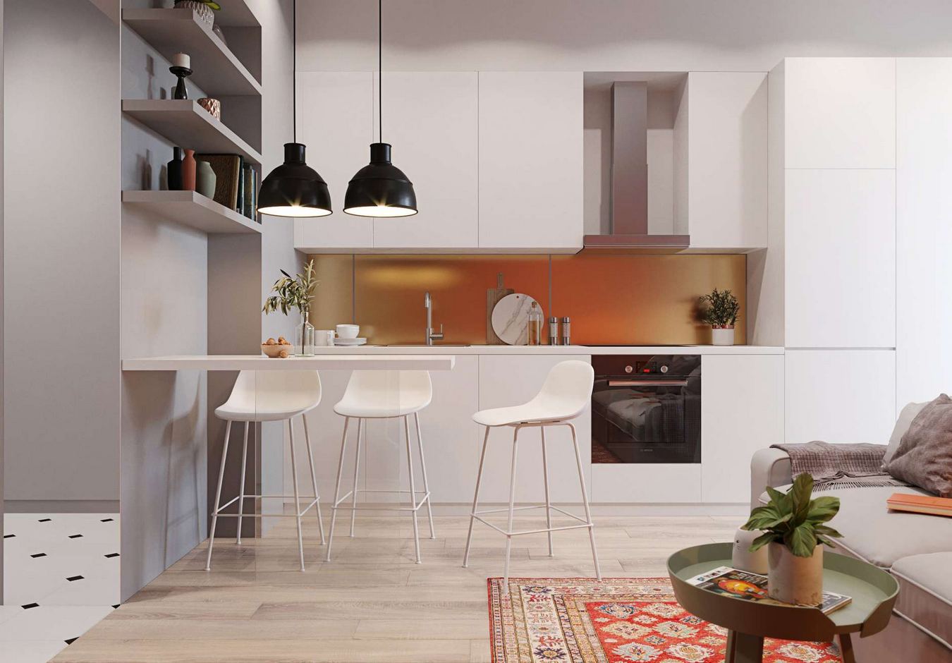 konyha - Üvegtégla térelválasztás nappali és háló között - modern és funkcionális berendezés 31m2-es kis lakásban