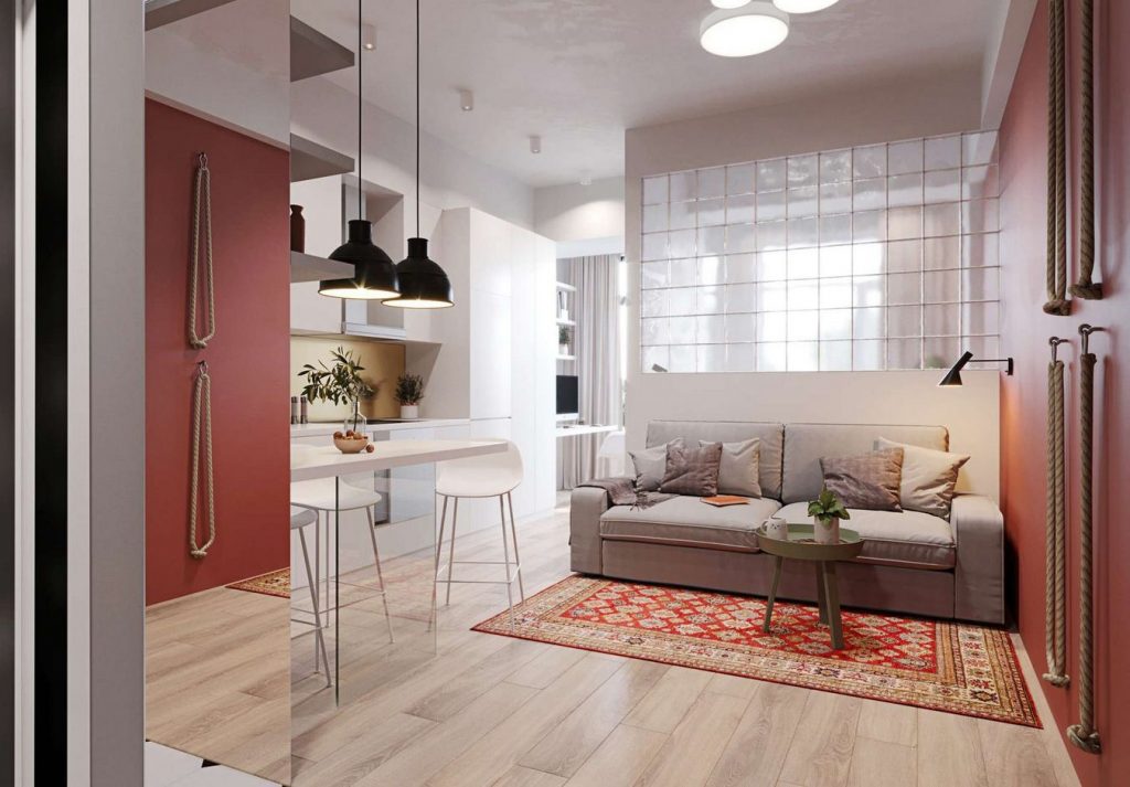 nappali - Üvegtégla térelválasztás nappali és háló között - modern és funkcionális berendezés 31m2-es kis lakásban