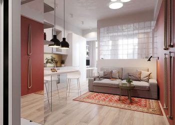 nappali - Üvegtégla térelválasztás nappali és háló között - modern és funkcionális berendezés 31m2-es kis lakásban