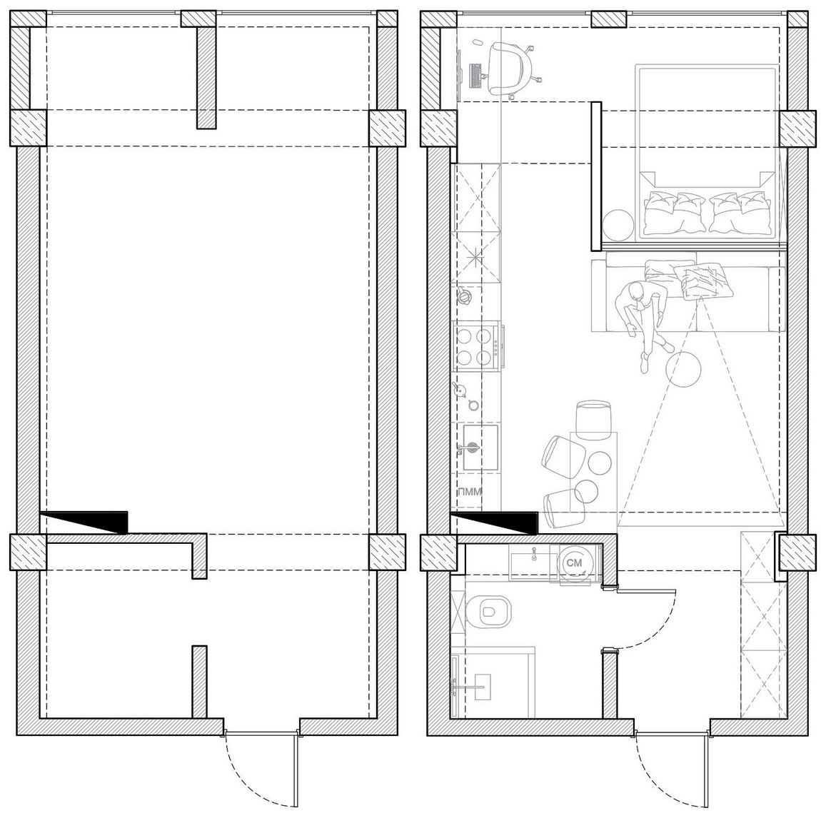 alaprajz - Üvegtégla térelválasztás nappali és háló között - modern és funkcionális berendezés 31m2-es kis lakásban