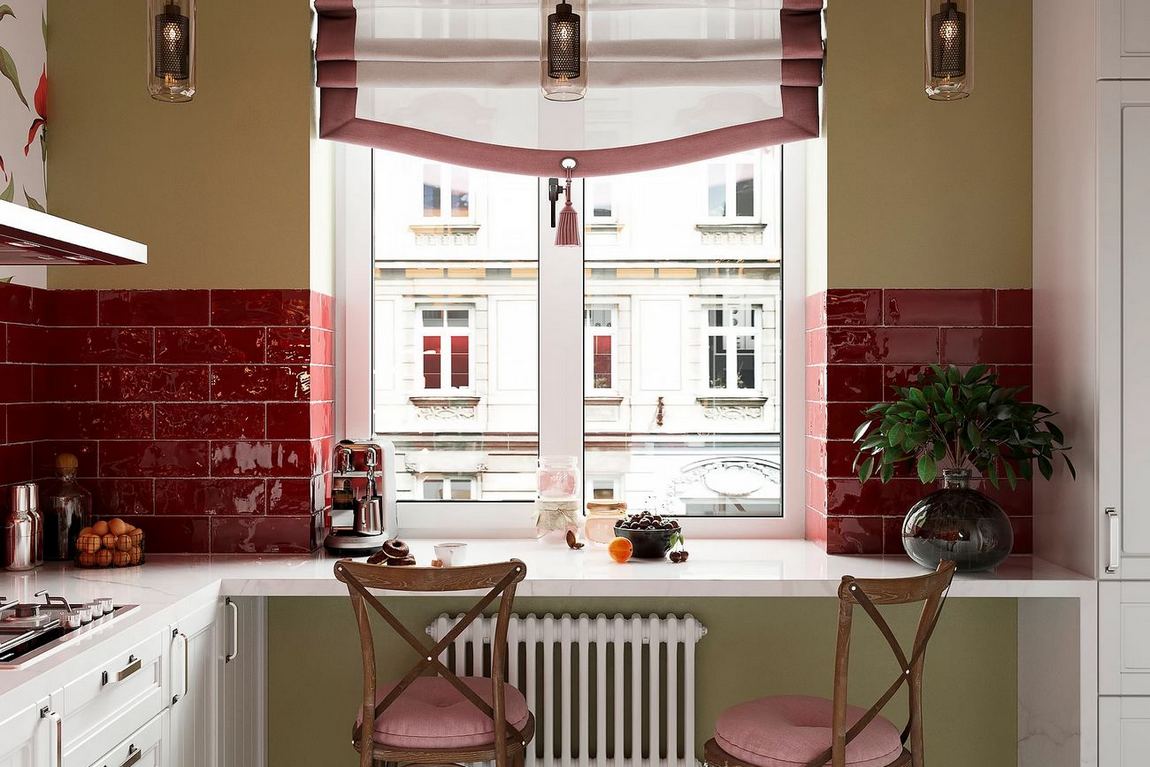 8m2-es konyha vörös metro csempével, mintás tapétával és étkezőpulttal ablak előtt