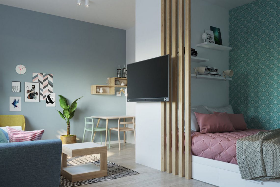 Diáklánynak zseniális egyszerűséggel tervezett 31m2-es lakás világos, modern, színes berendezése