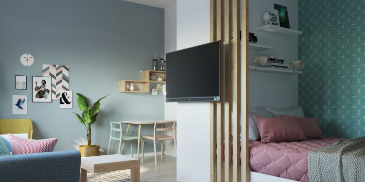 Diáklánynak zseniális egyszerűséggel tervezett 31m2-es lakás világos, modern, színes berendezése