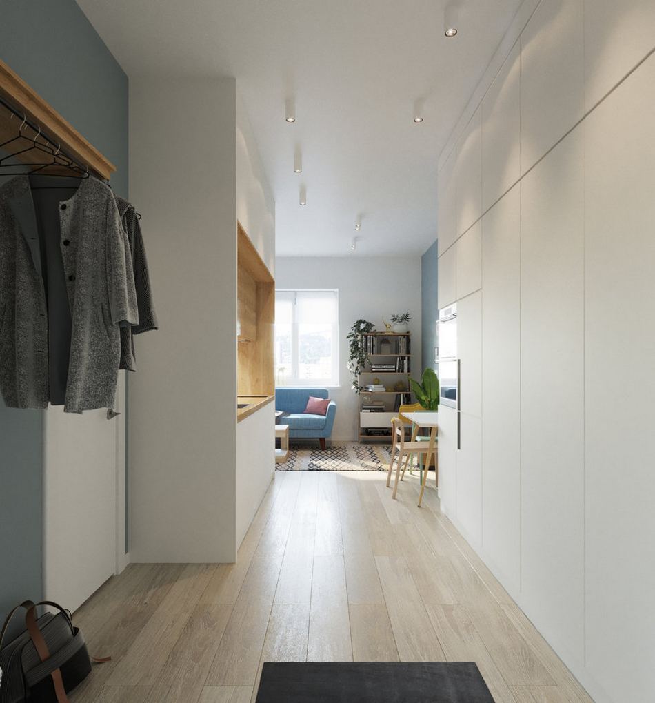 Diáklánynak zseniális egyszerűséggel tervezett 31m2-es lakás világos, modern, színes berendezése