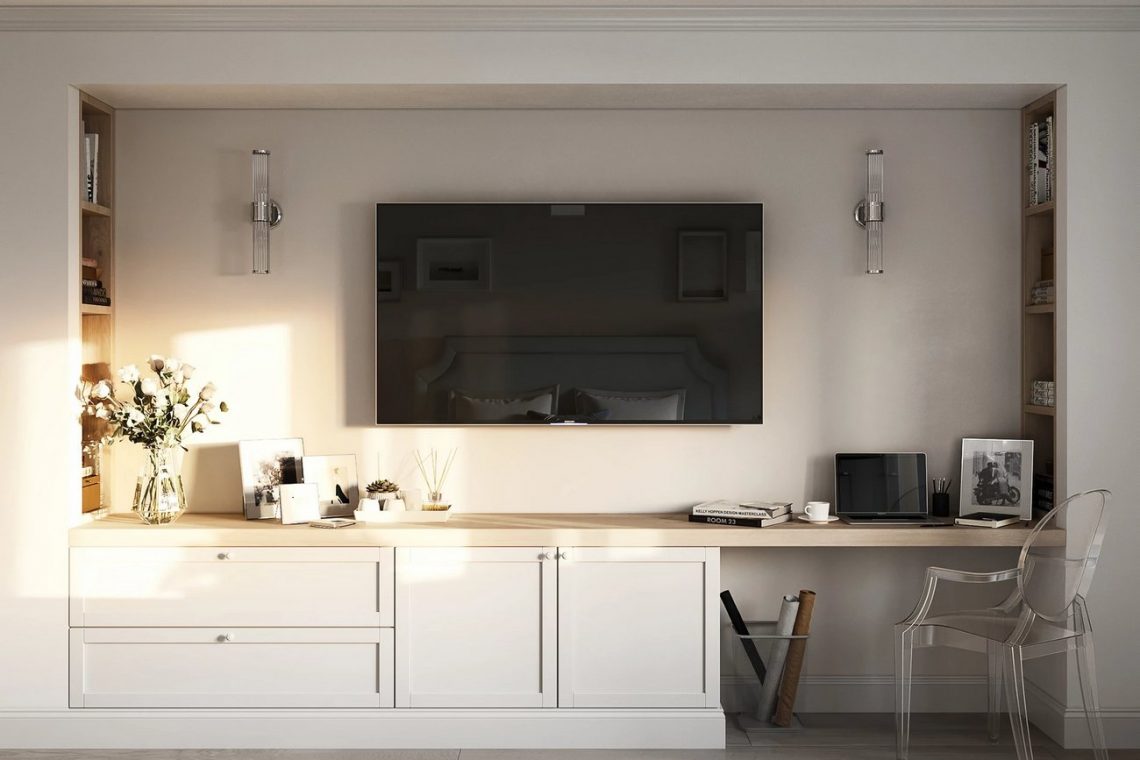 Egyedi épített TV fal hálószobában szekrénnyel, polcokkal, dolgozósarokkal + üvegezett tolóajtós besétálós gardrób